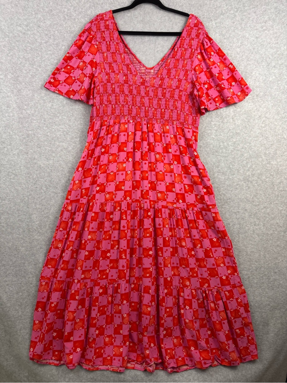Nobody’s Child Pink Red Gingham Floral Smocked Midi Dress Women’s US 12